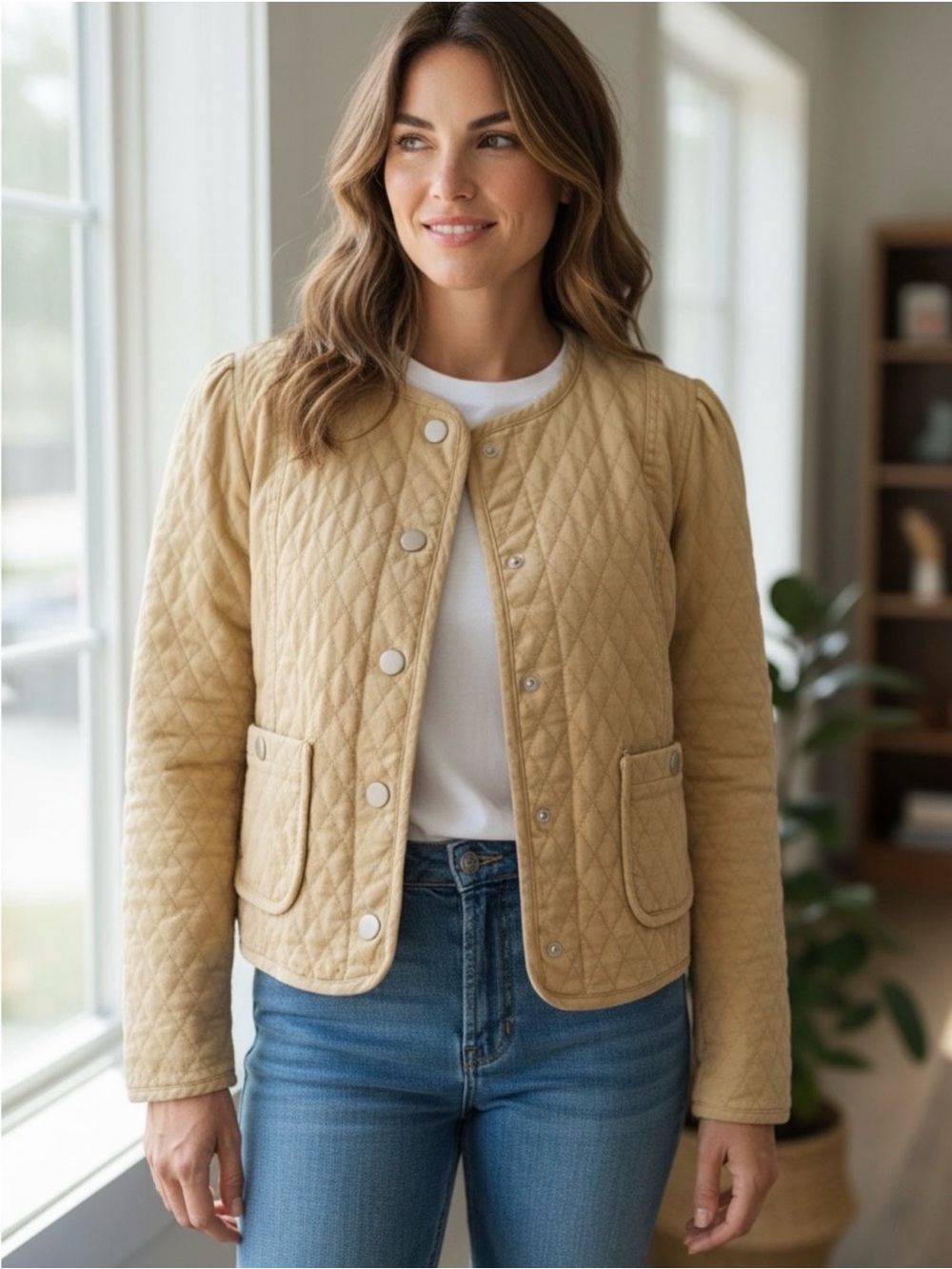 OPHELIA ROE Tan Quilted Snap-Up Waist Coat/ Jacket